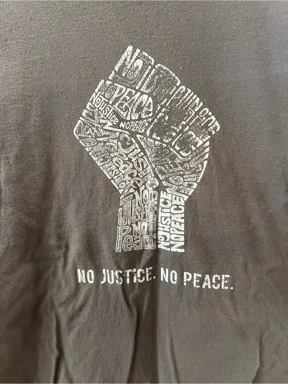 Grey/Black Short Sleeve Tee with White 'No Justice. No Peace.' Fist Graphic